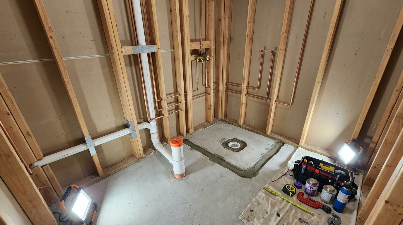 Bathroom rough-in plumbing during remodel by Johns Plumbing LLC in Lakeside