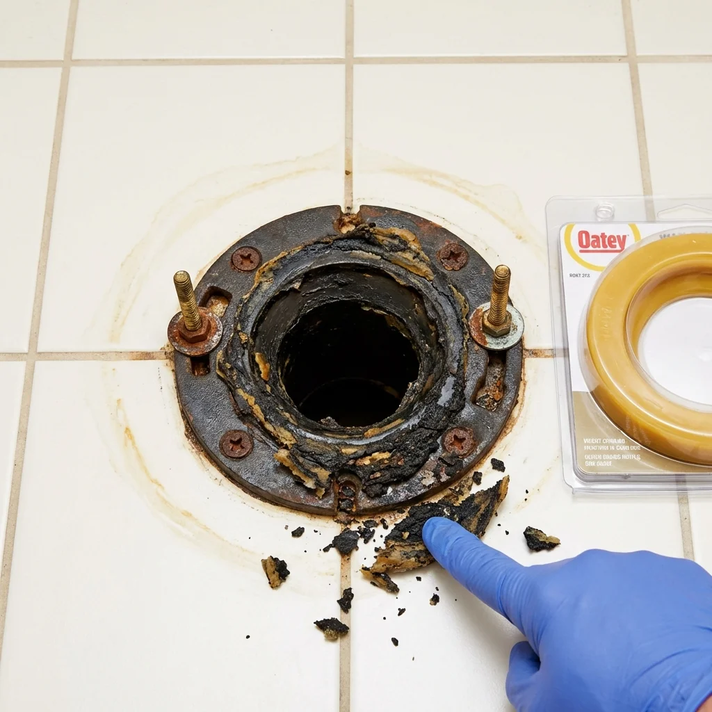 Failed wax ring showing water seepage at the base of a toilet in a Lakeside, MT home