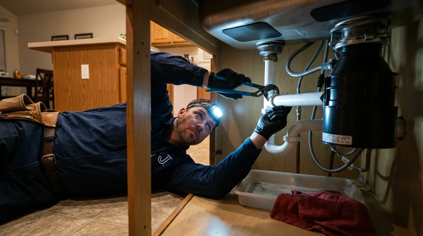 P-trap and supply line connections under a kitchen sink showing a common leak point in Lakeside, MT